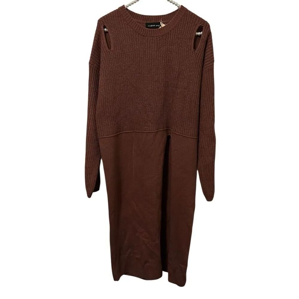 Mustard Seed Sweater Dress Brown Womens Medium High Slit Knit Cozy Boho Chic NWT